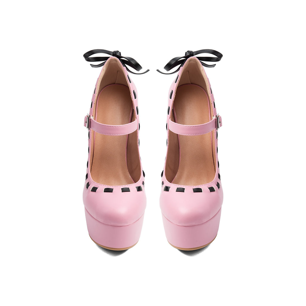 Pink Woven Ribbon Platform Mary Janes – Stiletto High Heel Pumps
