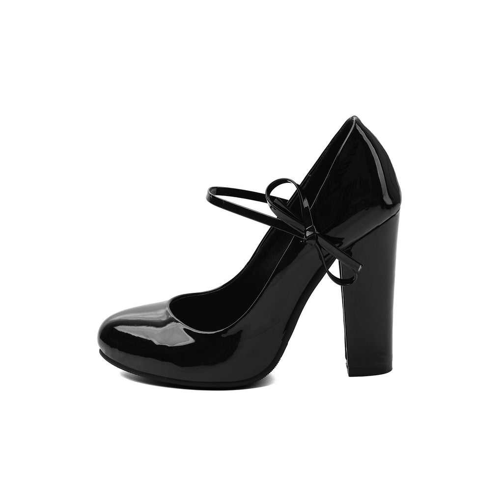 Black Patent Bow Mary Janes – Chunky Block High Heel Pumps