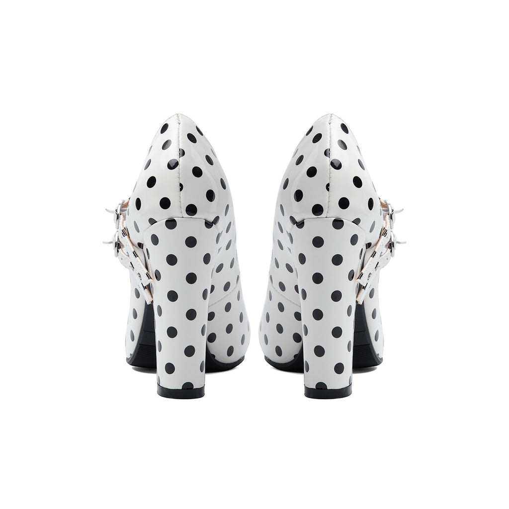 Vintage Polka Dot Double Strap Mary Janes – Chunky Block High Heel Pumps