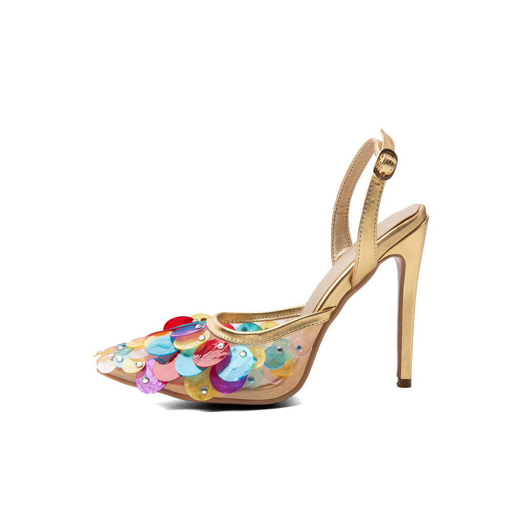 Metallic Gold Sequin Slingback Pumps – Pointed Toe Stiletto High Heels