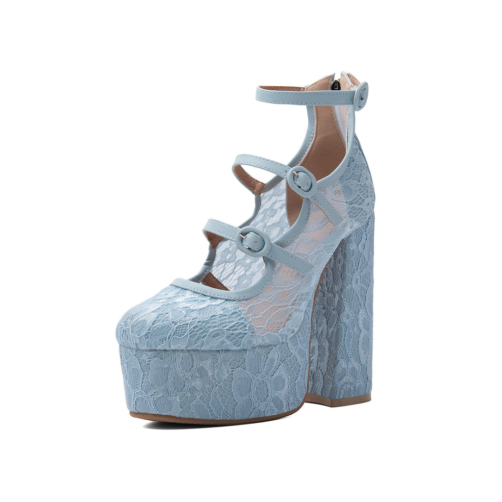 Light Blue Floral Lace Platform Mary Janes – Chunky High Heel Pumps