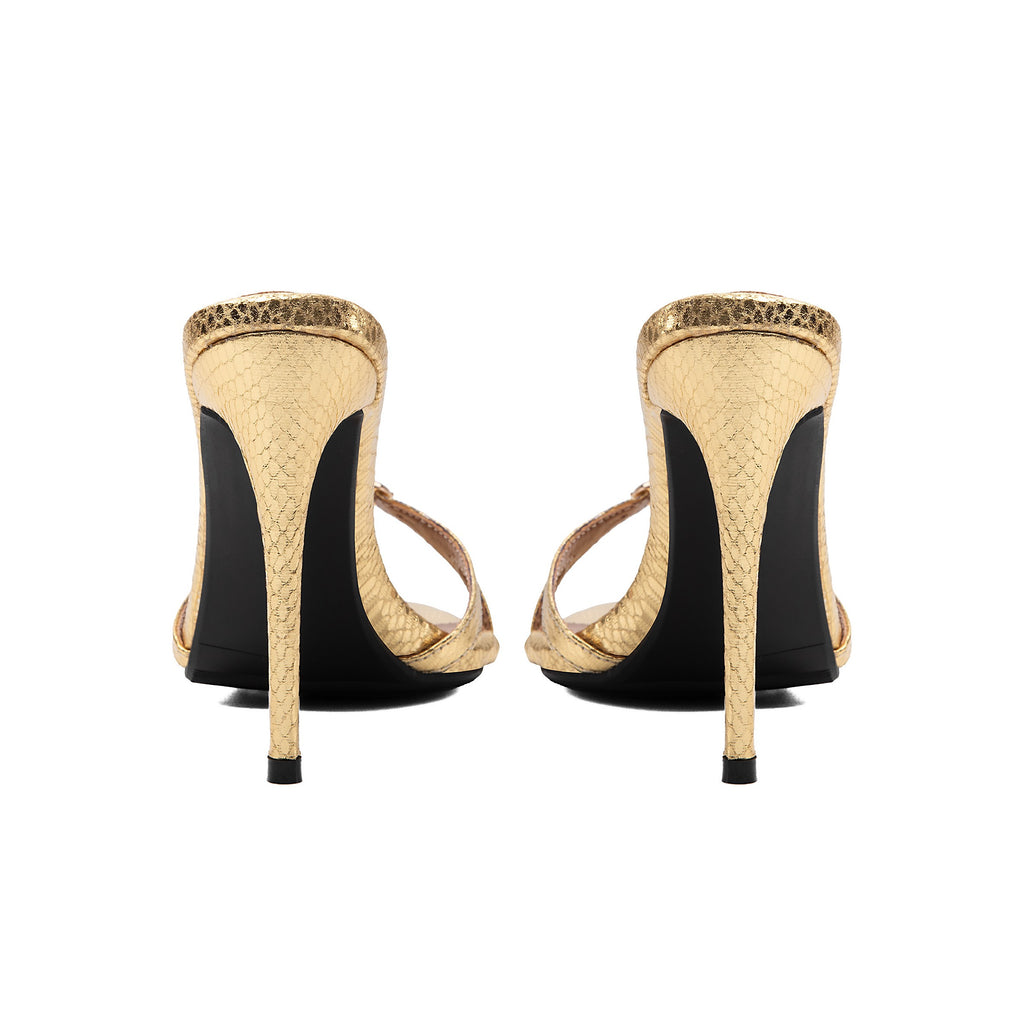 Metallic Gold Snake Print Stiletto Sandals – Pointed-Toe Runway High Heels