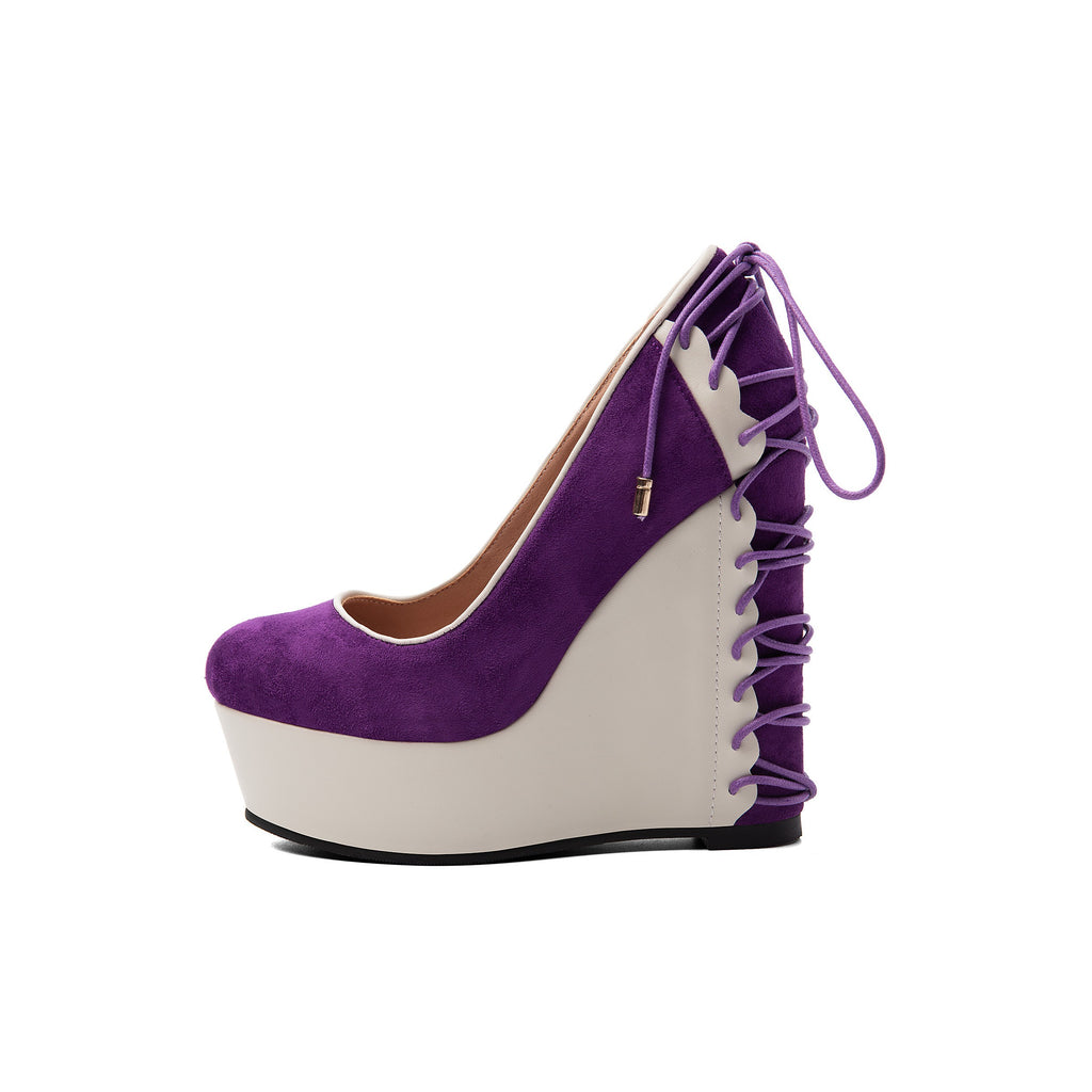 Purple Suede Corset Wedge Pumps – Platform High Heel Shoes