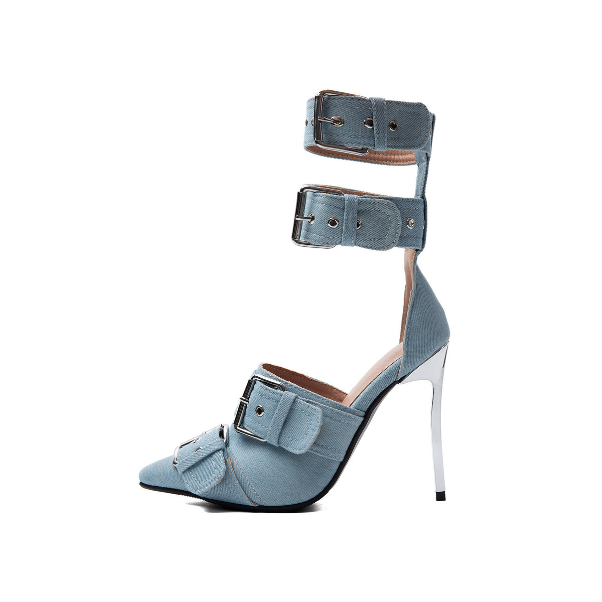 Y2K Denim Buckle Gladiator Pumps – Pointed Toe Stiletto High Heels