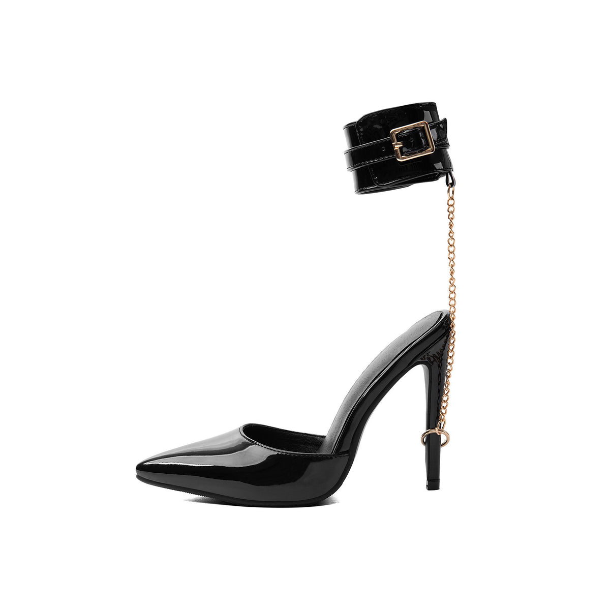 Black Patent Ankle Cuff Chain Pumps – Pointed Toe Stiletto High Heels