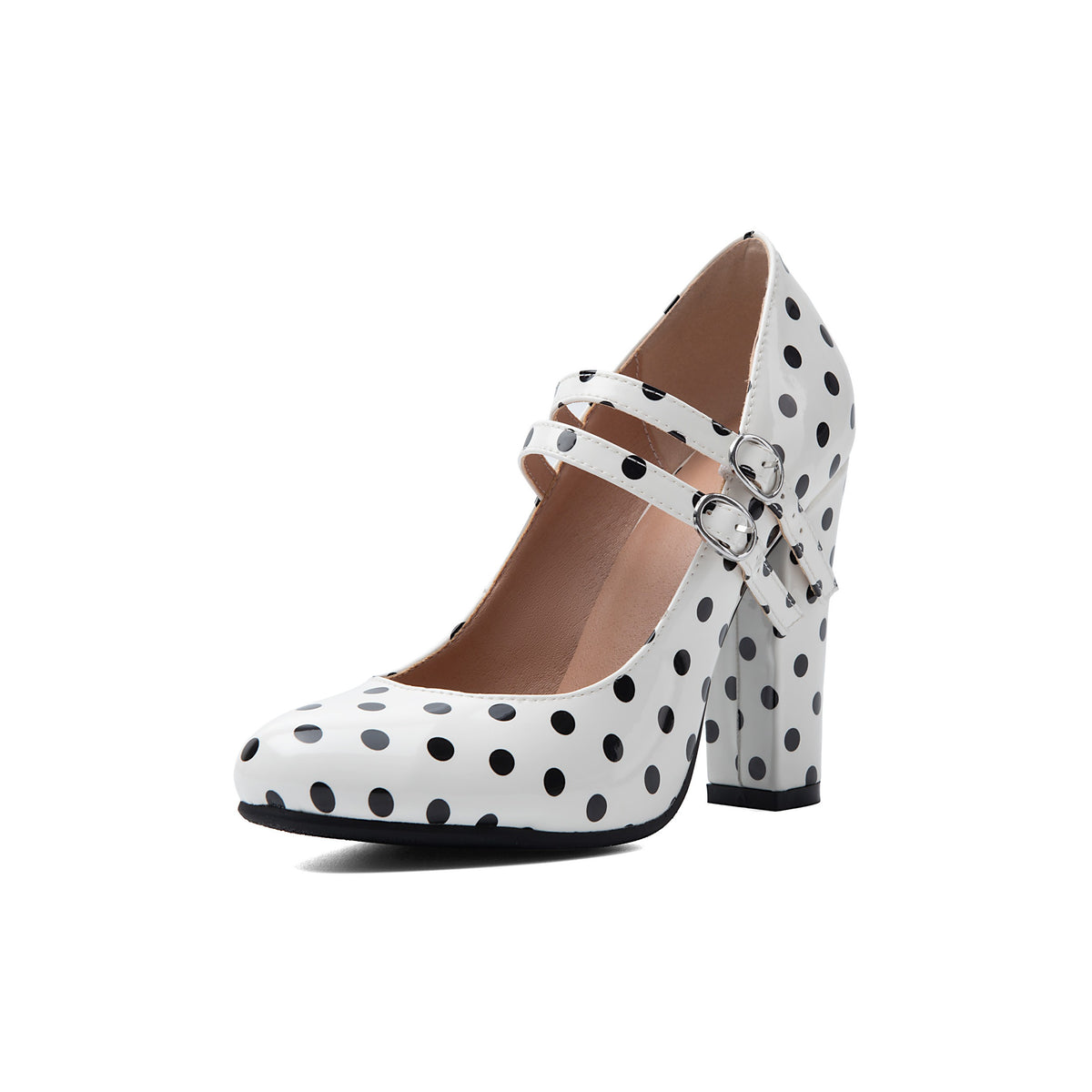 Vintage Polka Dot Double Strap Mary Janes – Chunky Block High Heel Pumps