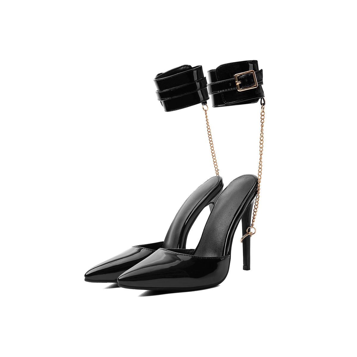 Black Patent Ankle Cuff Chain Pumps – Pointed Toe Stiletto High Heels