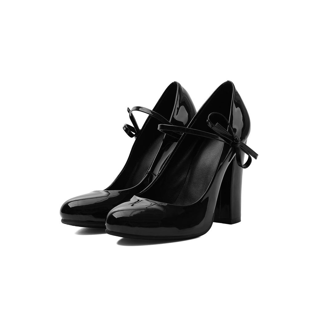 Black Patent Bow Mary Janes – Chunky Block High Heel Pumps
