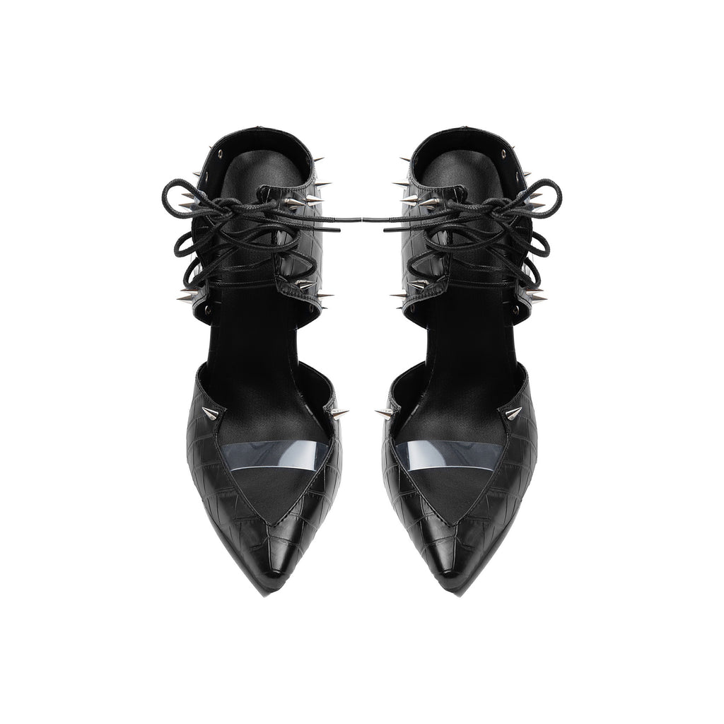 Punk Spiked Croc Lace-Up Pumps – Pointed Toe Stiletto High Heels