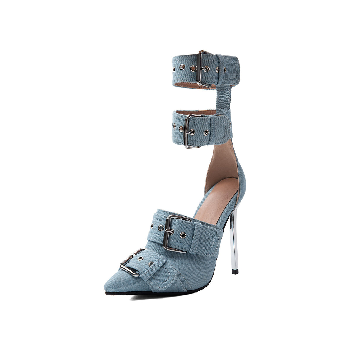 Y2K Denim Buckle Gladiator Pumps – Pointed Toe Stiletto High Heels