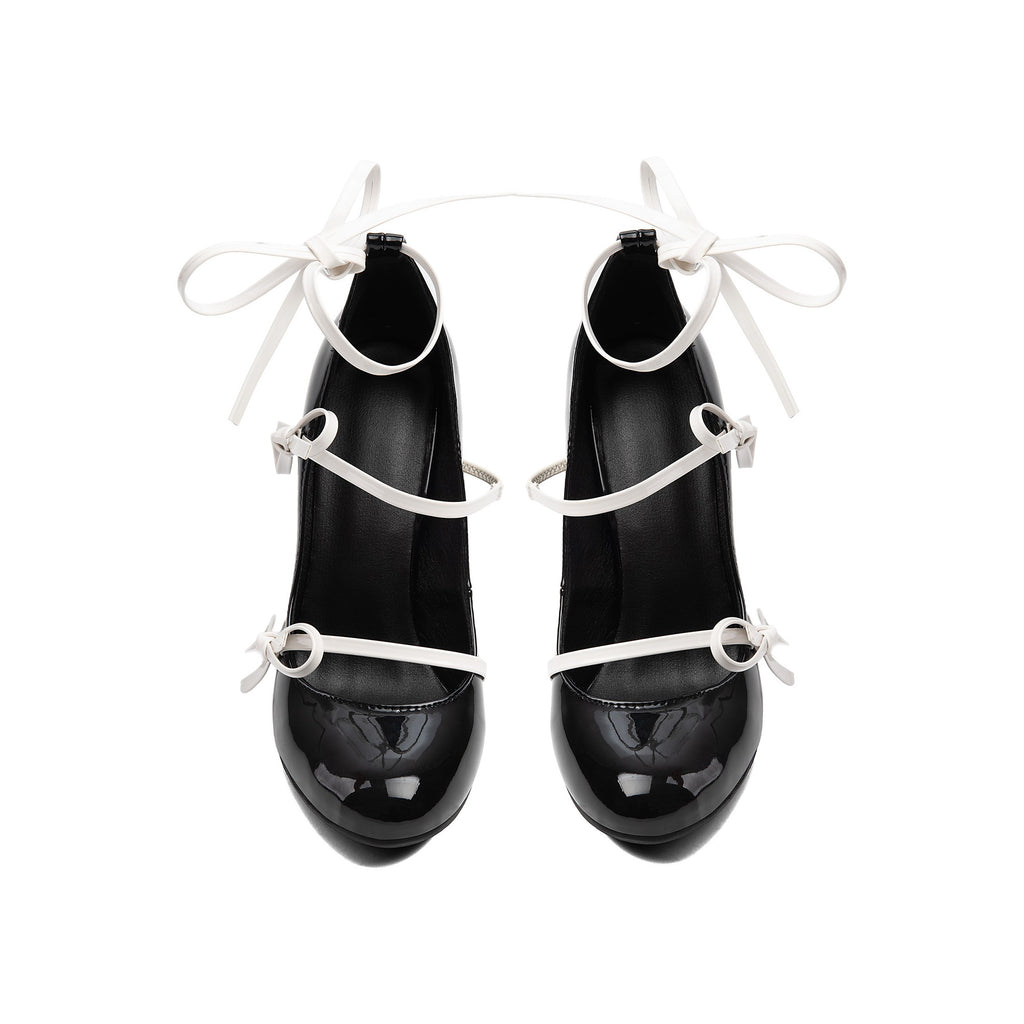 Contrast Bow Triple Strap Mary Janes – Chunky Block High Heel Pumps