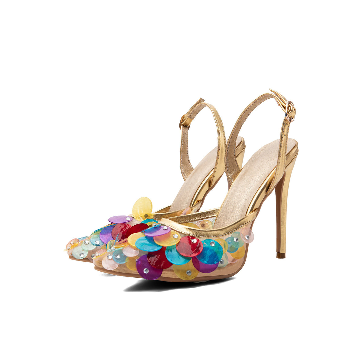 Metallic Gold Sequin Slingback Pumps – Pointed Toe Stiletto High Heels
