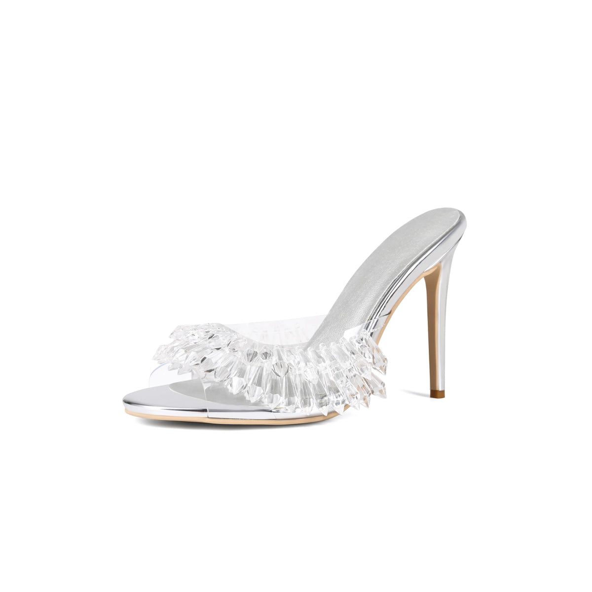 Clear PVC Silver Crystal Fringe Stiletto Sandals – Sparkly Rhinestone Tassel Mules