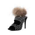 Studded Rivet Stiletto Sandals with Fur Pom-Pom – Roman High Heel Bootie Mules