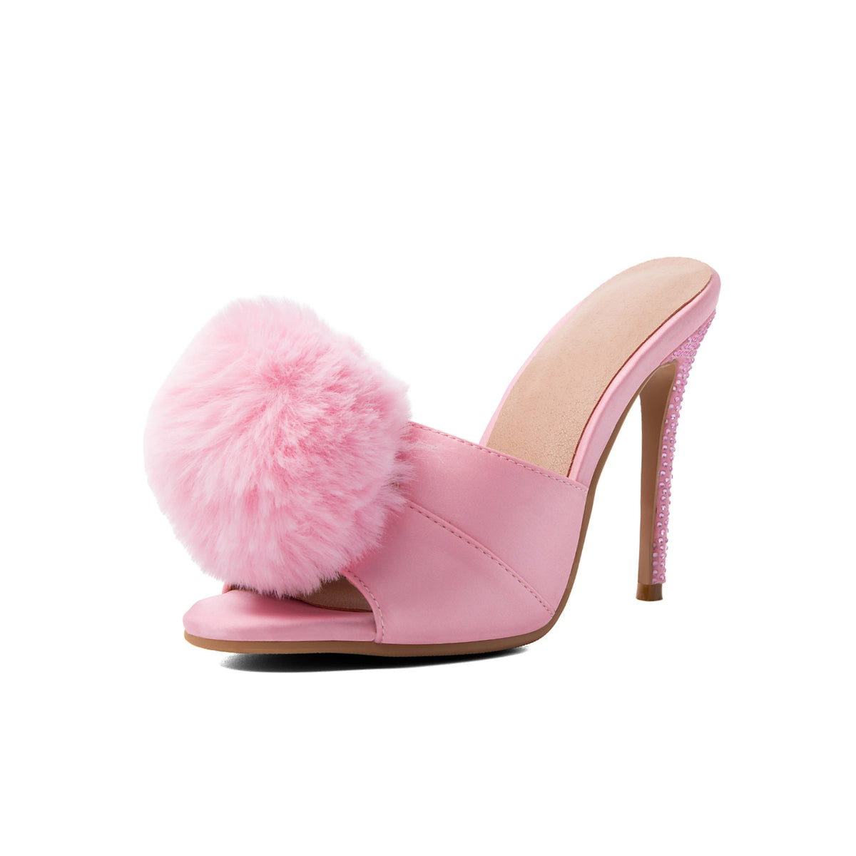 Fur Pom-Pom Rhinestone Stiletto Sandals – Glamorous Pink Crystal High Heels