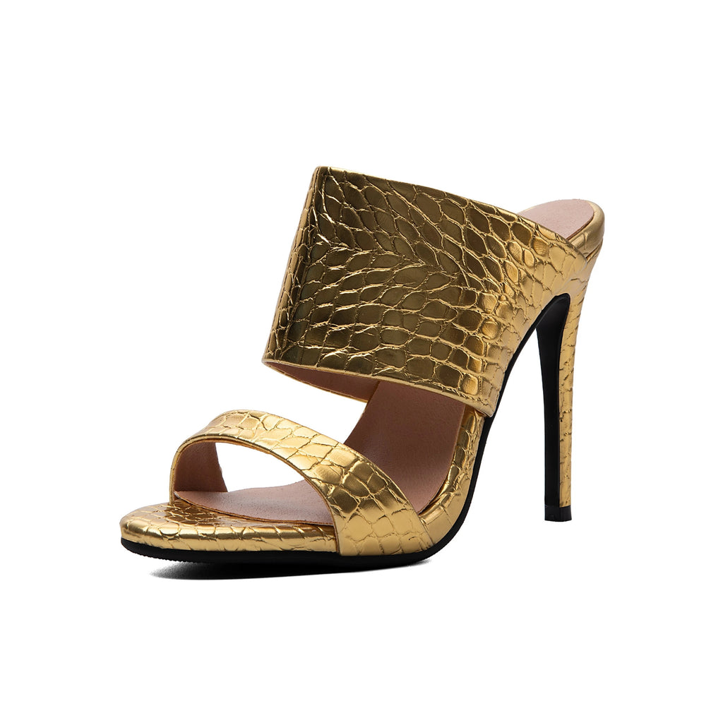 Metallic Gold One-Strap Stiletto Sandals – High Heel Evening Mules