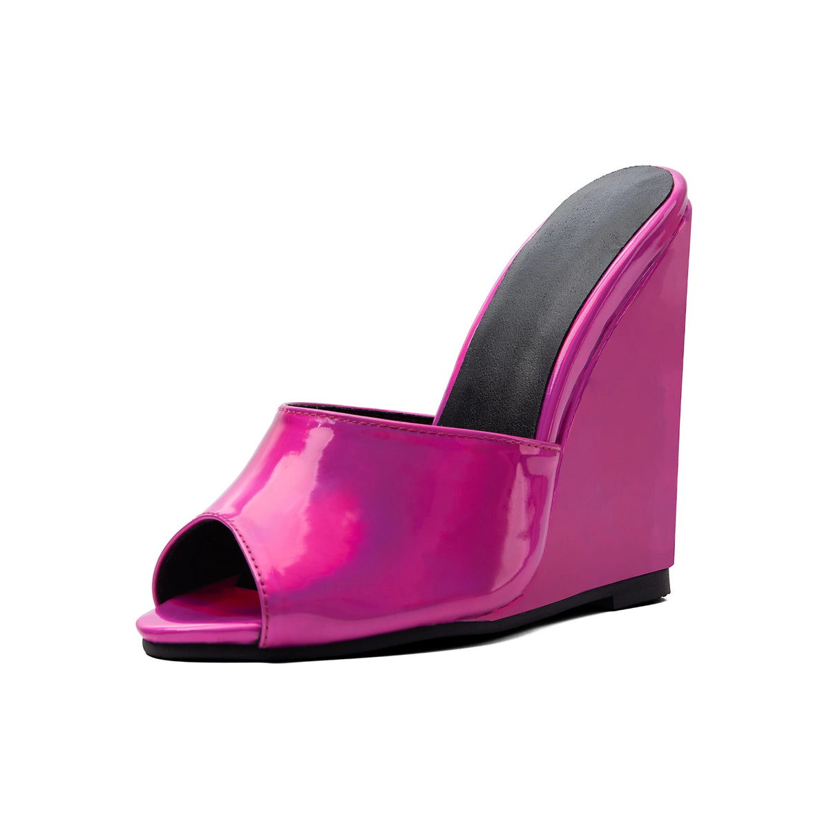 Fuchsia Peep-Toe Sculpted Wedge Sandals – Bold High Heel Slide Mules