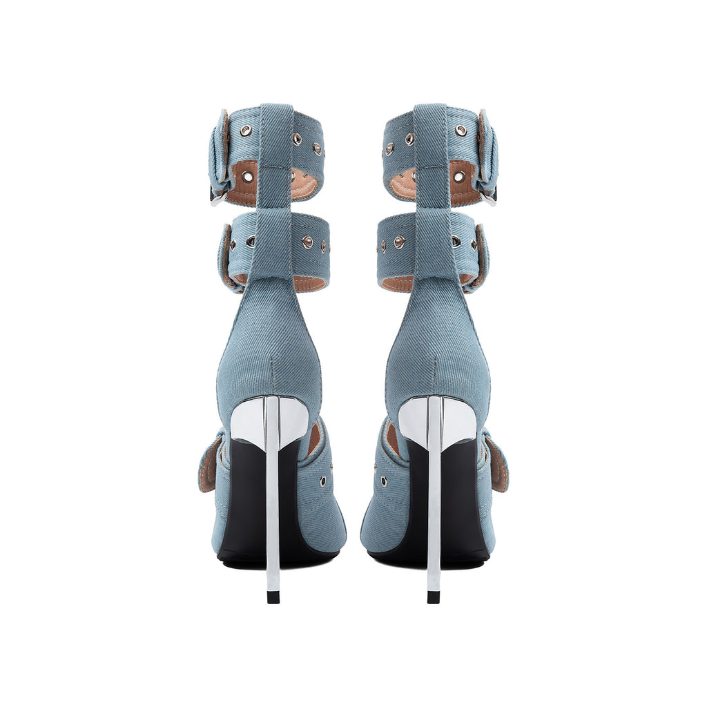Y2K Denim Buckle Gladiator Pumps – Pointed Toe Stiletto High Heels