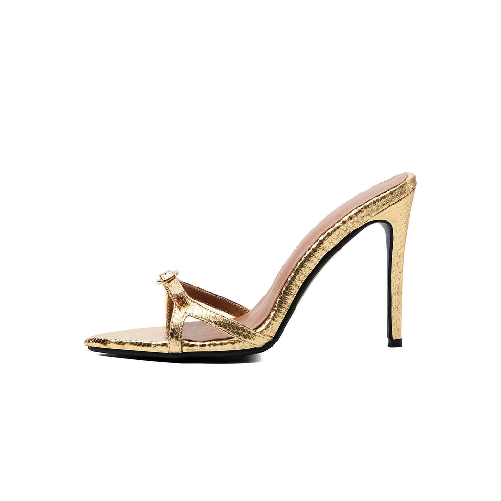 Metallic Gold Snake Print Stiletto Sandals – Pointed-Toe Runway High Heels