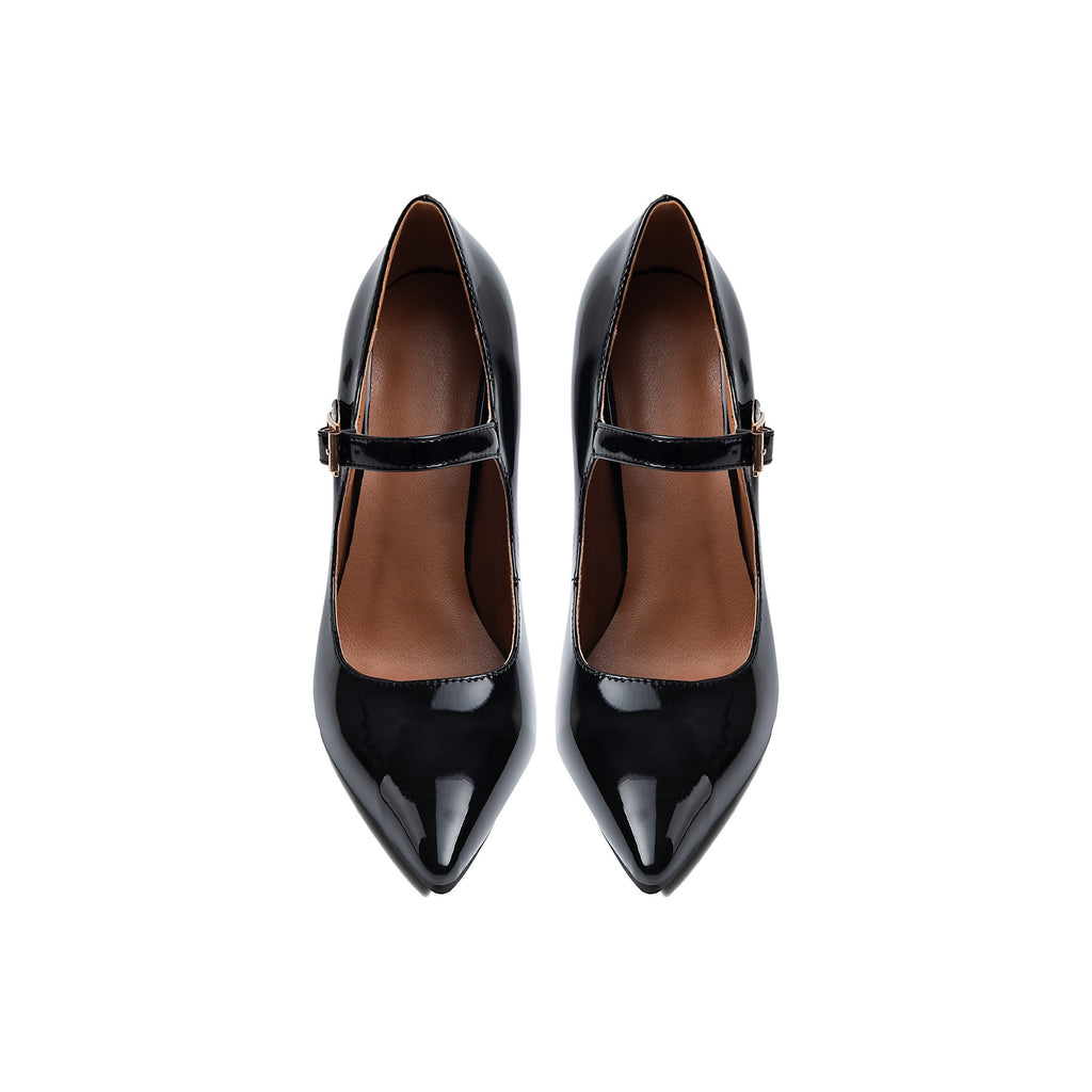 Black Patent Pointed-Toe Mary Janes – Stiletto High Heel Pumps
