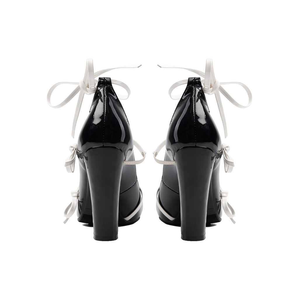 Contrast Bow Triple Strap Mary Janes – Chunky Block High Heel Pumps