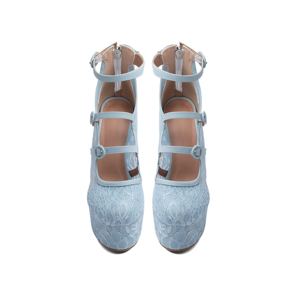 Light Blue Floral Lace Platform Mary Janes – Chunky High Heel Pumps