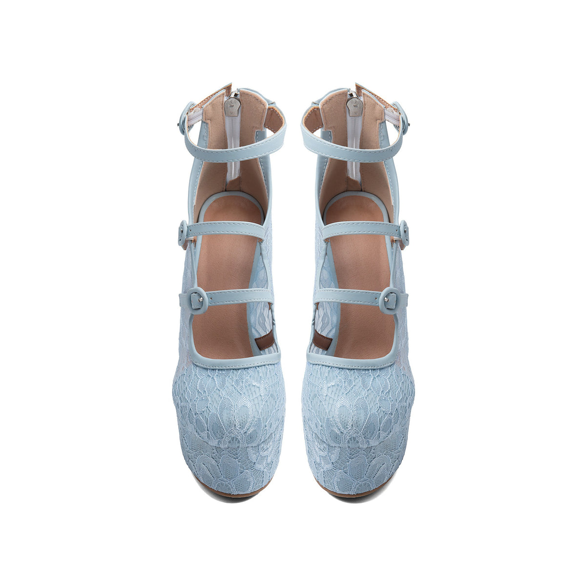 Light Blue Floral Lace Platform Mary Janes – Chunky High Heel Pumps