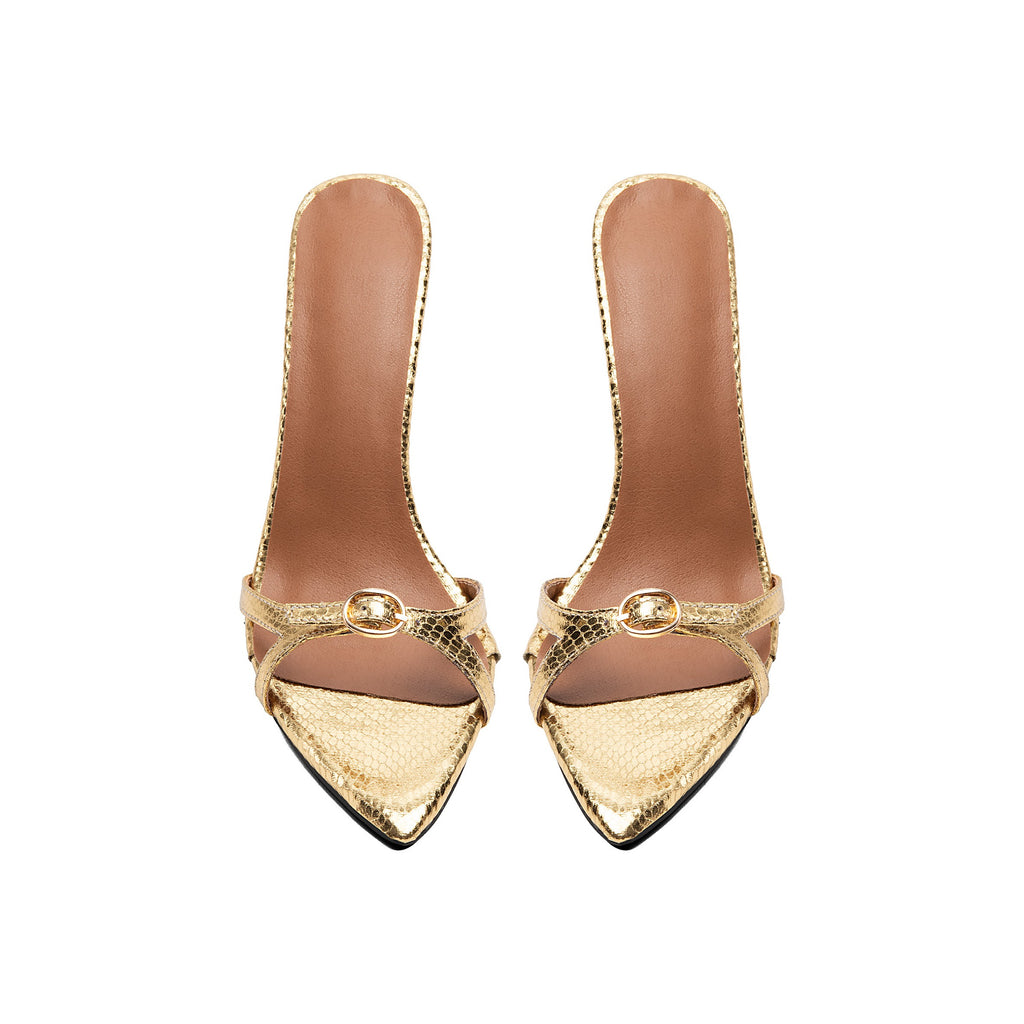 Metallic Gold Snake Print Stiletto Sandals – Pointed-Toe Runway High Heels