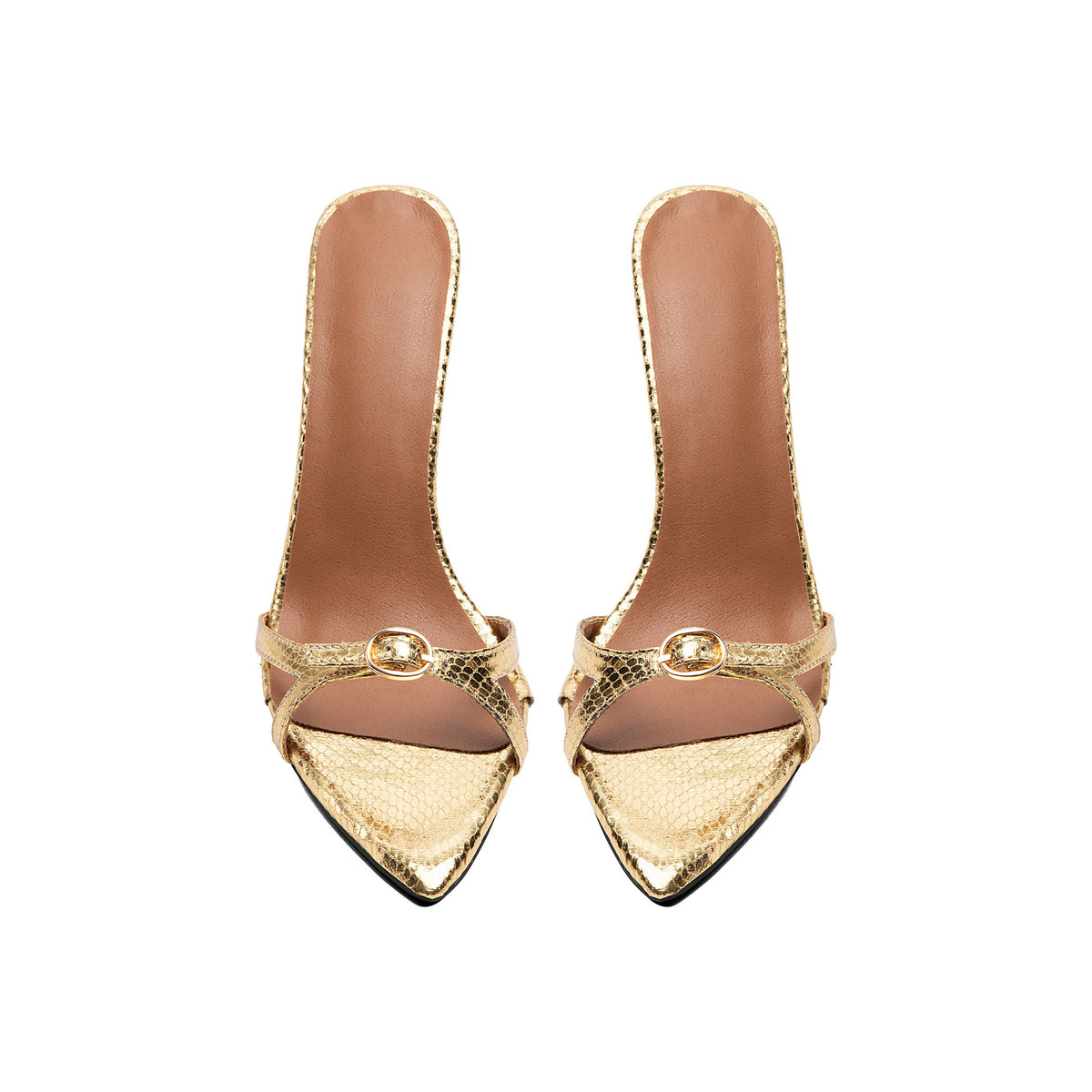 Metallic Gold Snake Print Stiletto Sandals – Pointed-Toe Runway High Heels