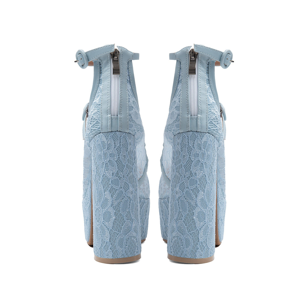 Light Blue Floral Lace Platform Mary Janes – Chunky High Heel Pumps