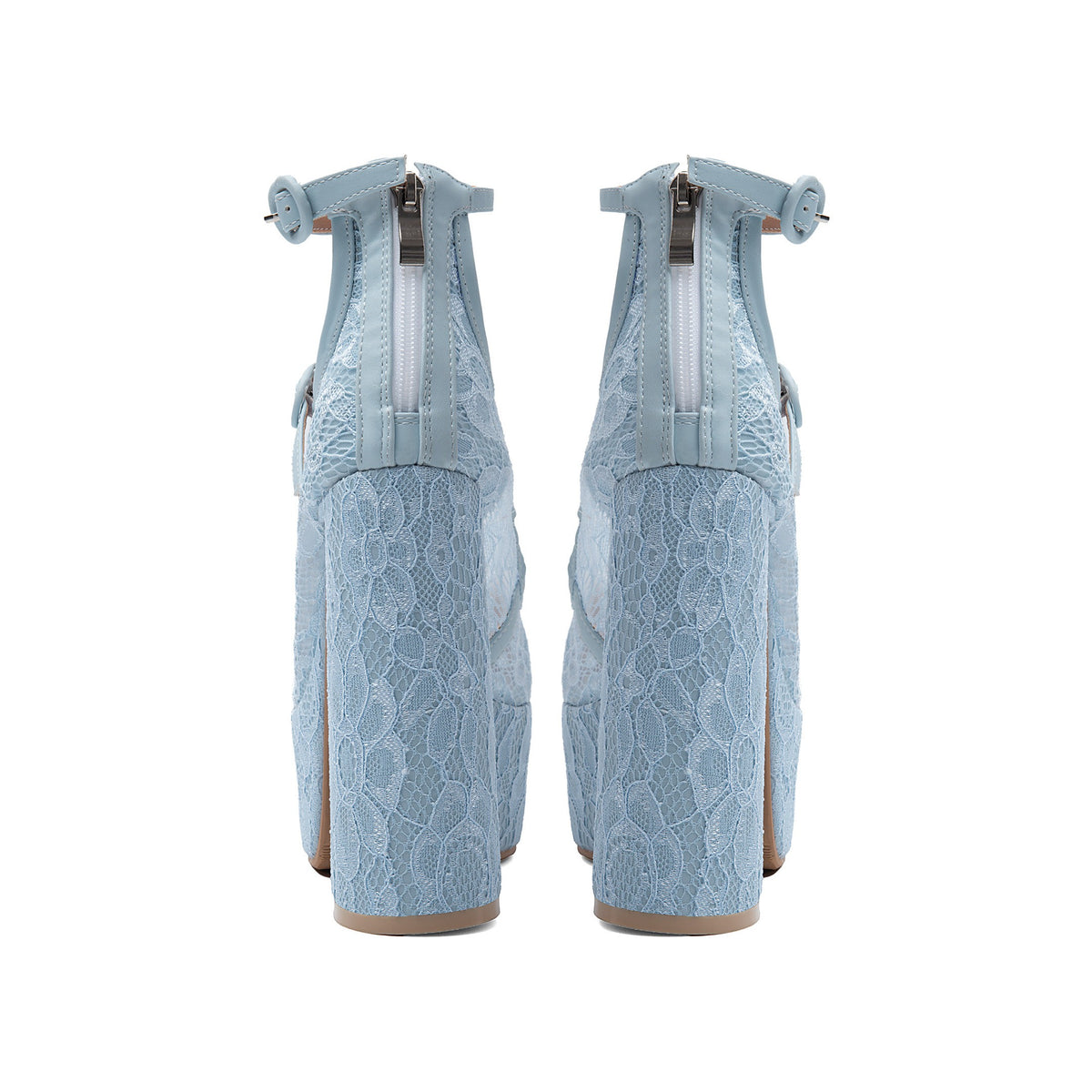 Light Blue Floral Lace Platform Mary Janes – Chunky High Heel Pumps