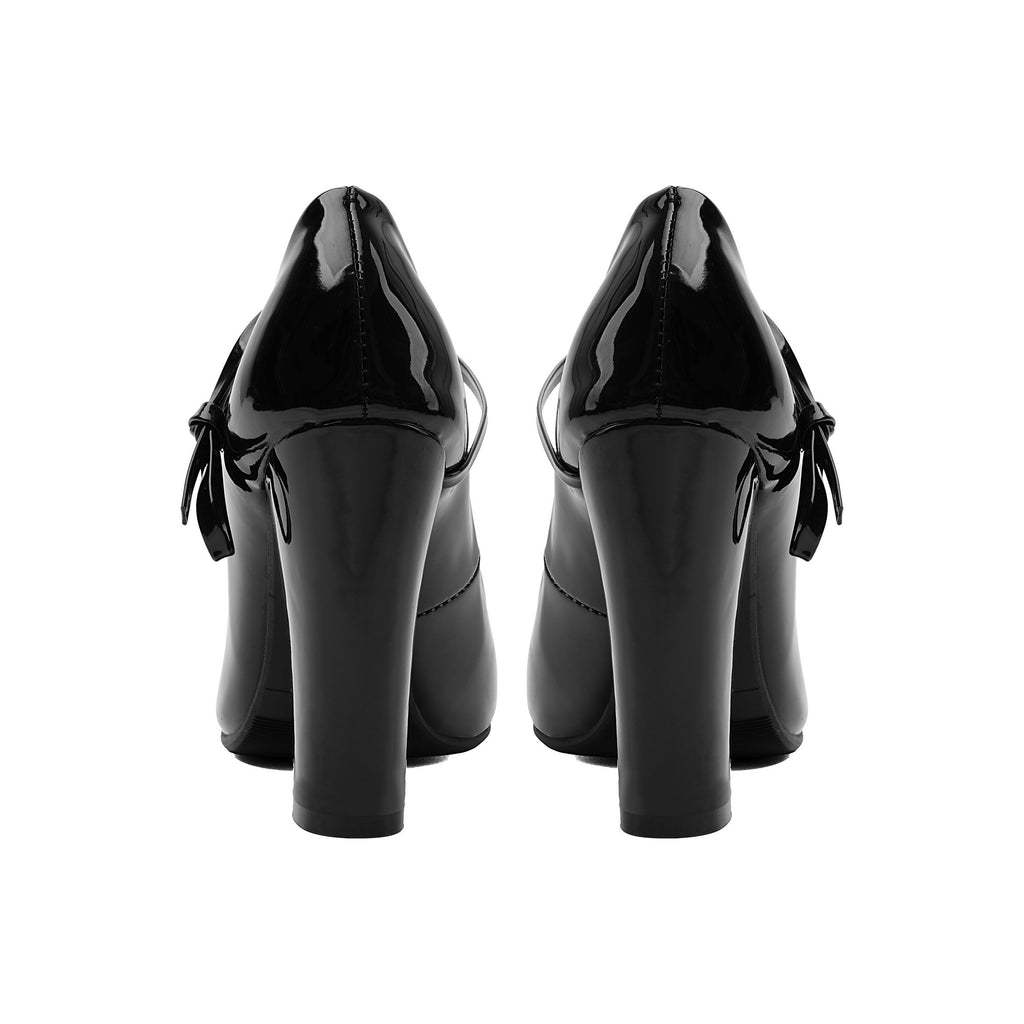 Black Patent Bow Mary Janes – Chunky Block High Heel Pumps