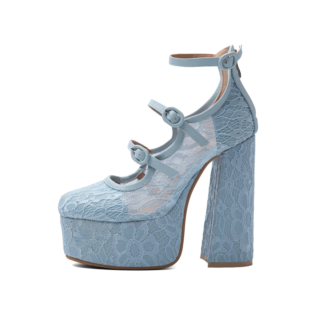 Light Blue Floral Lace Platform Mary Janes – Chunky High Heel Pumps
