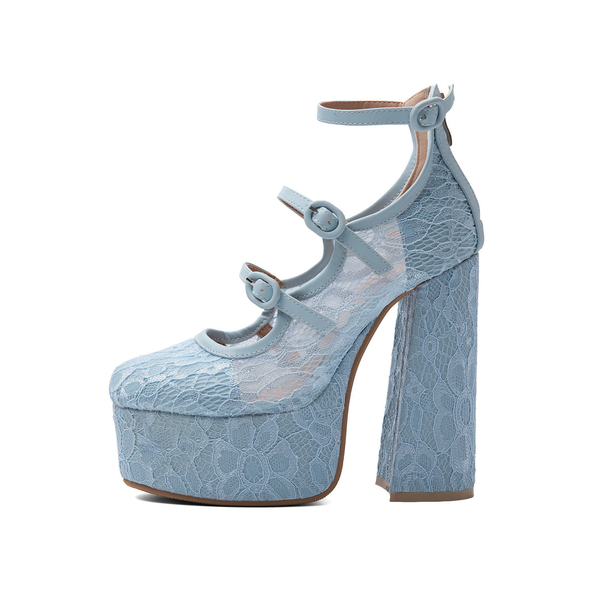 Light Blue Floral Lace Platform Mary Janes – Chunky High Heel Pumps