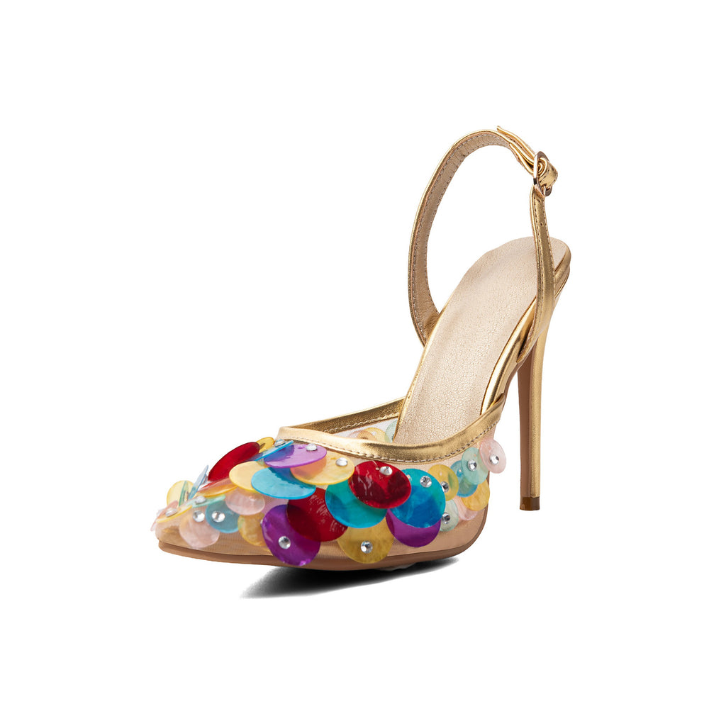 Metallic Gold Sequin Slingback Pumps – Pointed Toe Stiletto High Heels