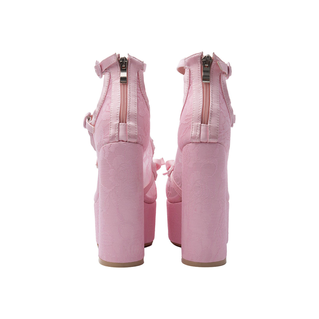 Pink Floral Lace Platform Mary Janes – Chunky High Heel Shoes