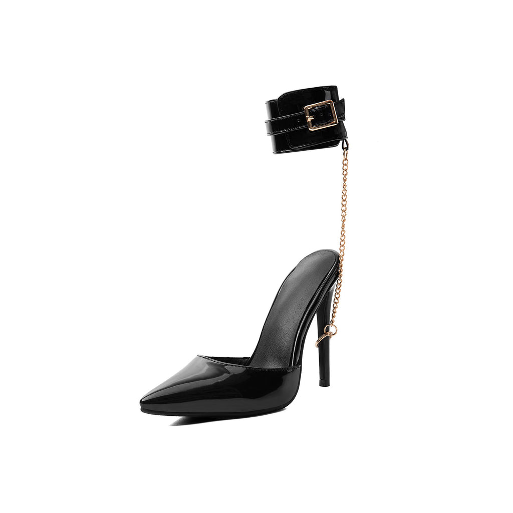 Black Patent Ankle Cuff Chain Pumps – Pointed Toe Stiletto High Heels