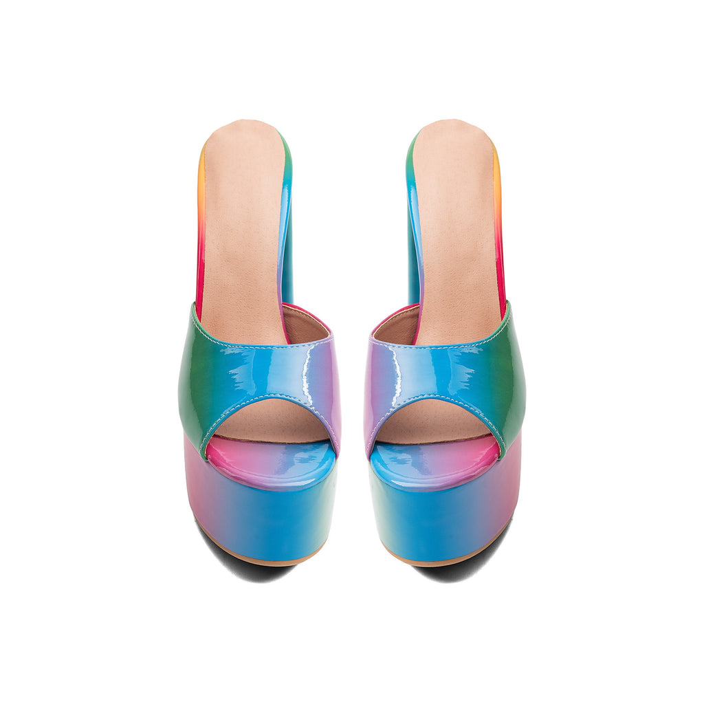 Rainbow Platform Chunky Heel Sandals – Y2K Peep-Toe High Block Heels