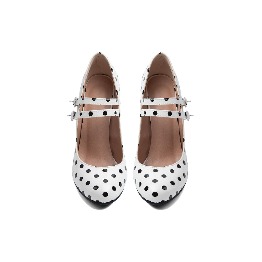 Vintage Polka Dot Double Strap Mary Janes – Chunky Block High Heel Pumps