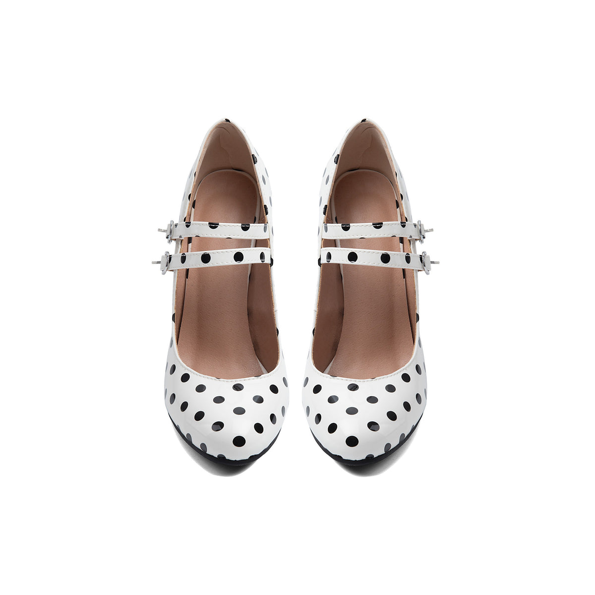 Vintage Polka Dot Double Strap Mary Janes – Chunky Block High Heel Pumps
